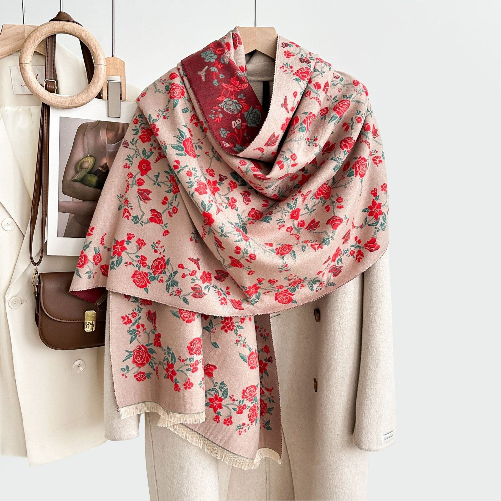Soft Floral Cashmere Feel Scarf Wrap Shawl Oversized Winter Fringe 25"x72"