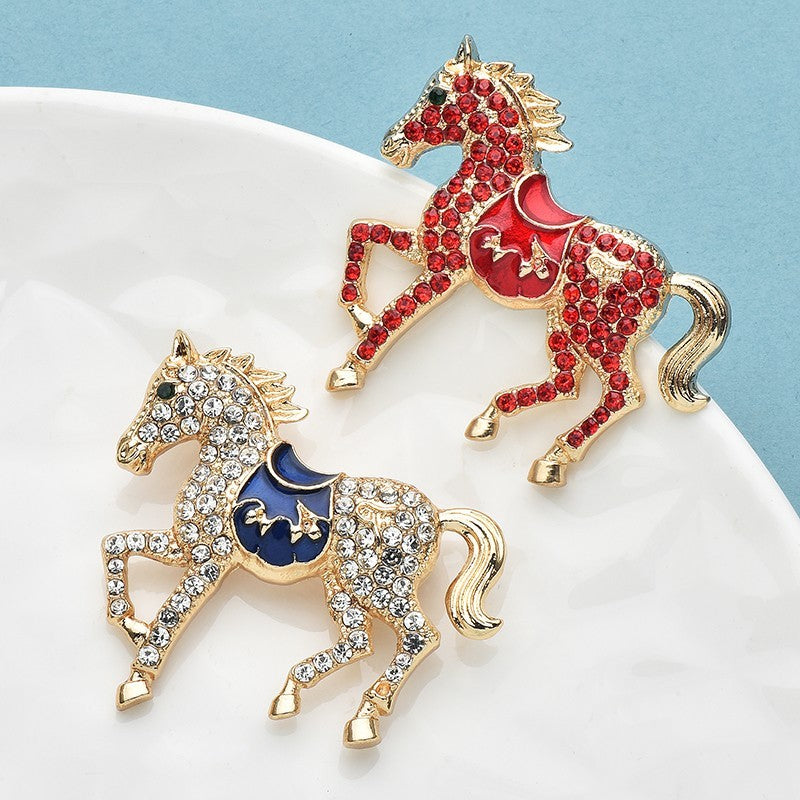 2pc Rhinestone Horse Brooch Pin Set Red & Clear Equestrian Statement Jewelry