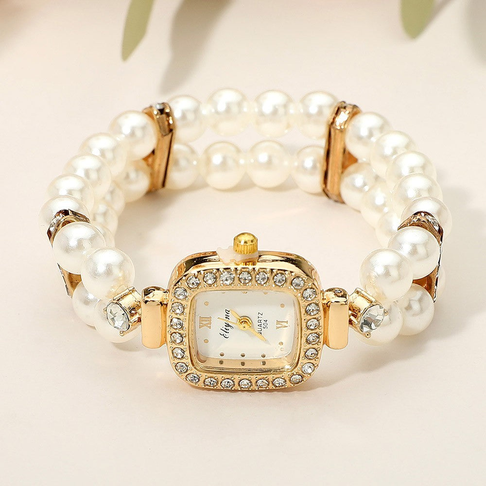 Elegant Gold-Tone Quartz Imitation Pearl Bracelet Watch with Crystal Accents