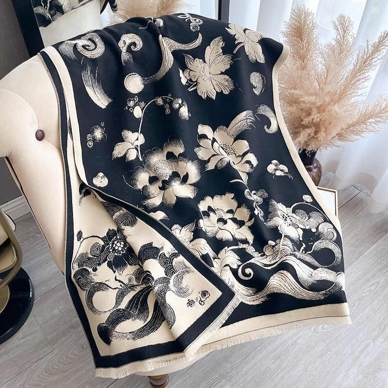 Reversible Black & Beige Floral Print Shawl Scarf Oversized Luxury Wrap for Lady