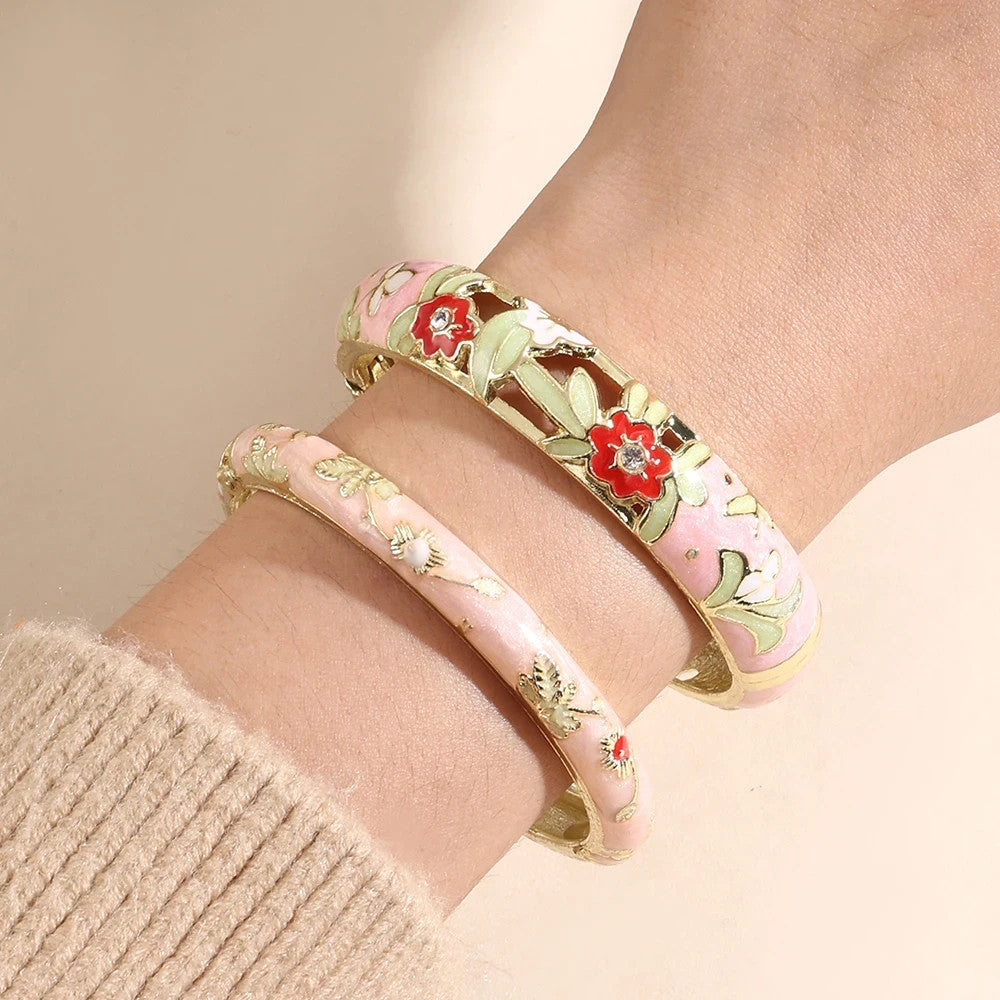 Cloisonné Enamel Flower Bracelet Bangle Set Pink Gold Tone Floral Jewelry