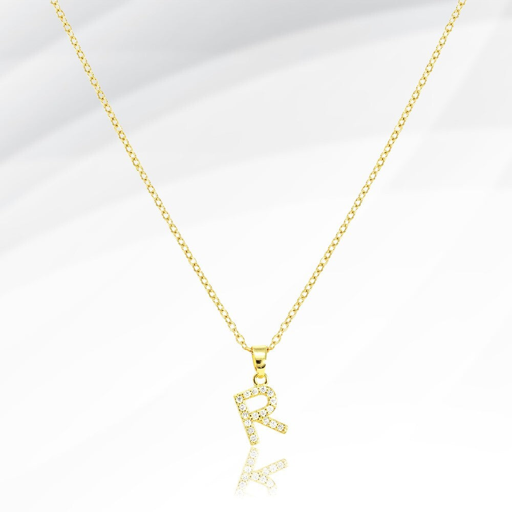 Stainless Steel CZ Paved Monogram Pendant Necklace Letter R Initial Name Pendant