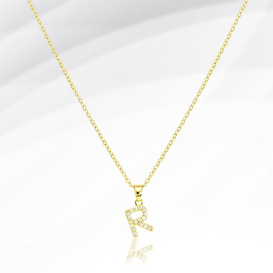 Stainless Steel CZ Paved Monogram Pendant Necklace Letter R Initial Name Pendant