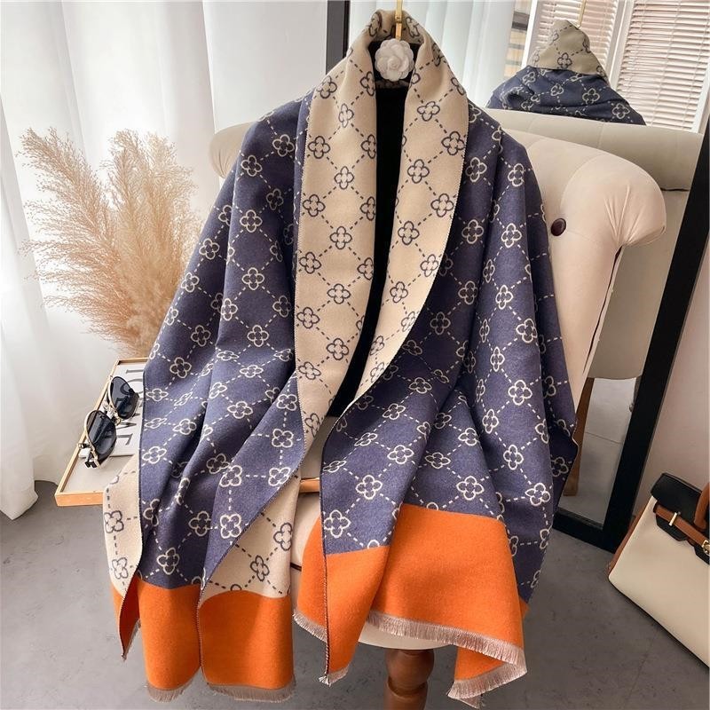Cashmere Feel Reversible Blue Orange Clover Print Blanket Shawl Scarf