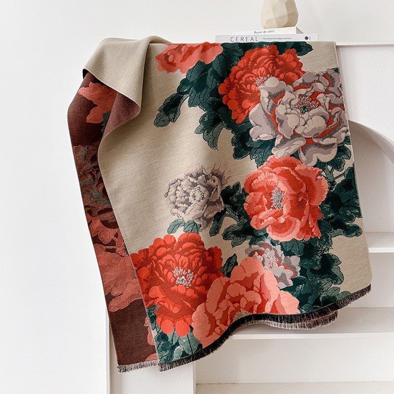 Floral Cashmere Feel Scarf Large Shawl Wrap Winter Pashmina Peony Red Green