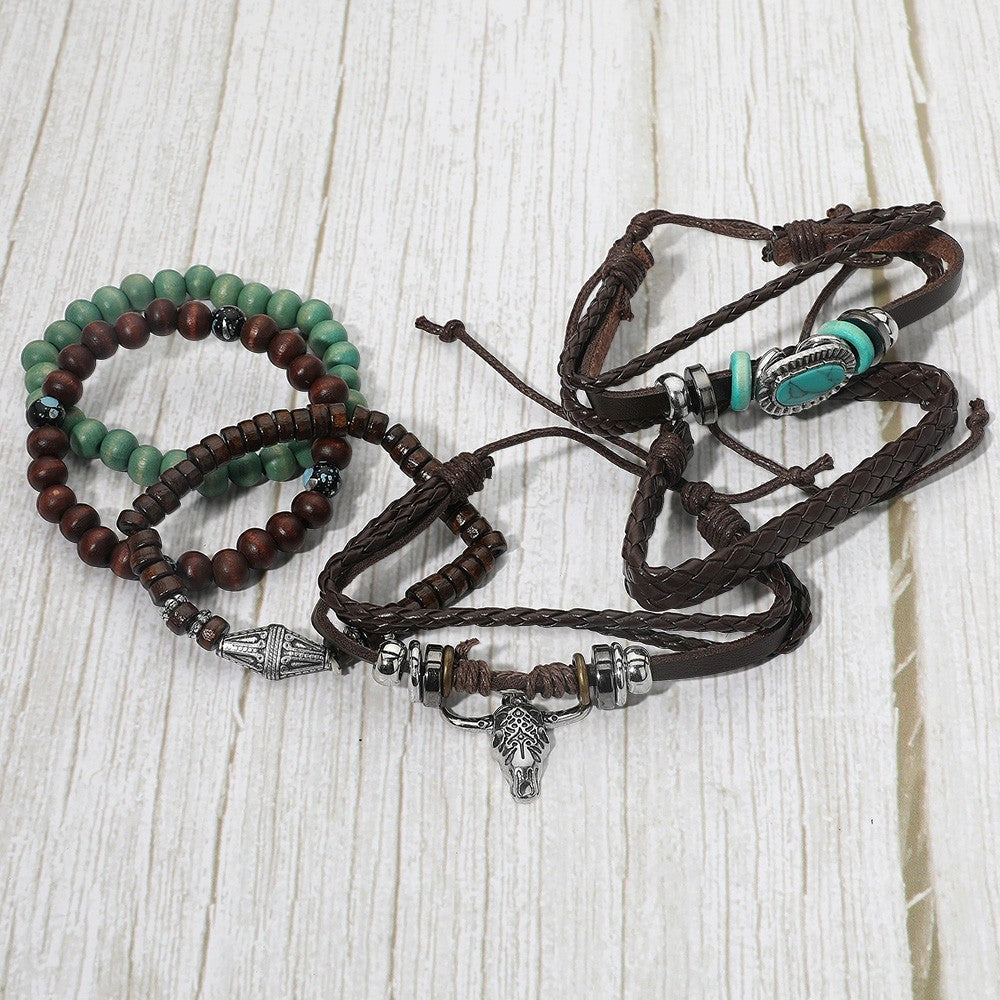 Men's Boho Bracelet Set | 6PC Leather Rope Western Bull Skull Bangle