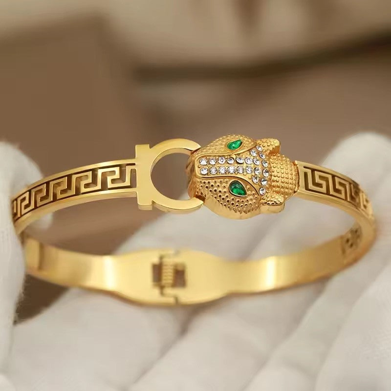 18K Gold Plated Panther Head Bangle with Green Eyes & Crystal Accents