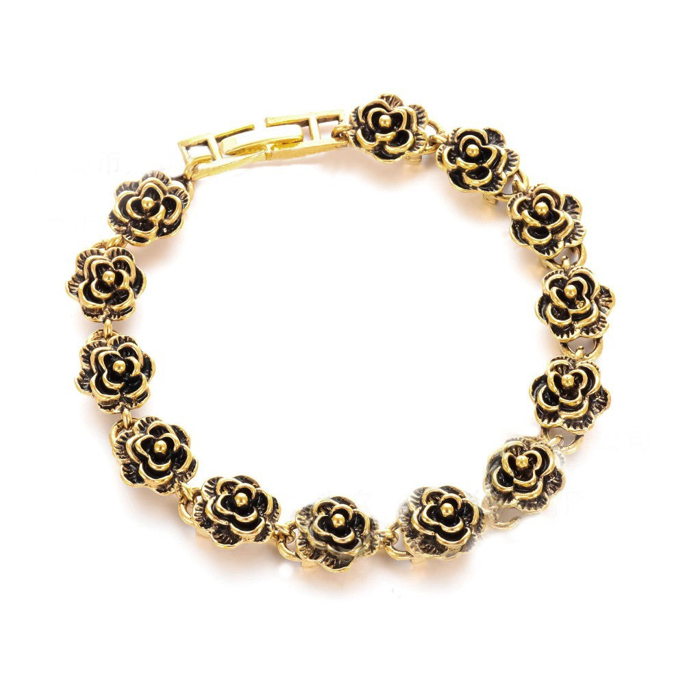 Vintage Style Gold Rose Flower Link Bracelet Jewelry Gift