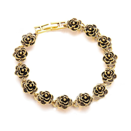 Vintage Style Gold Rose Flower Link Bracelet Jewelry Gift