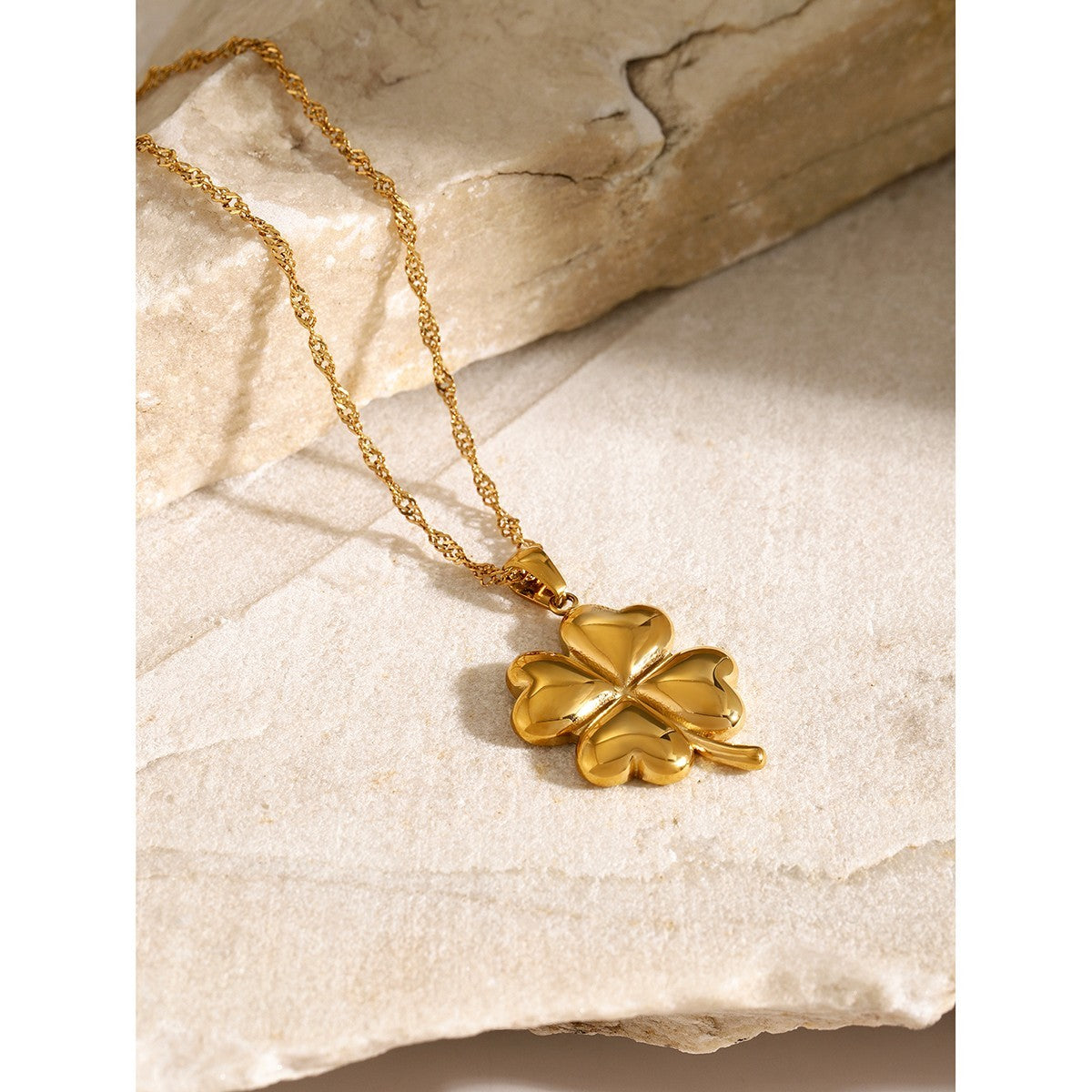 Waterproof Gold Four Leaf Clover Necklace Stainless Steel Twisted Chain 17.7"+2"