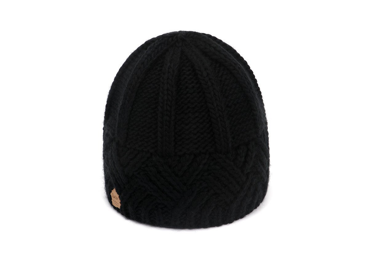 Womens Black Chunky Knit Beanie Hat Winter Warm Cuffed Skull Cap Basket Weave