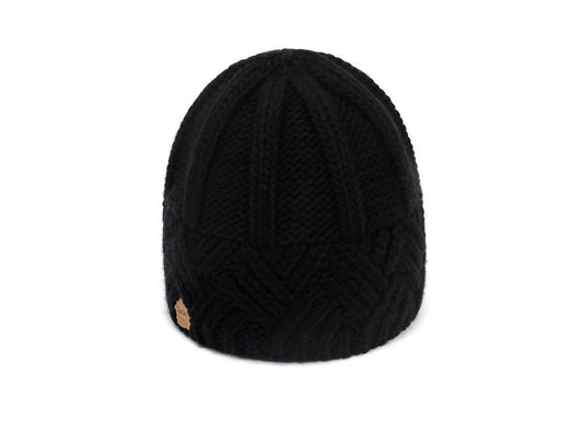 Womens Black Chunky Knit Beanie Hat Winter Warm Cuffed Skull Cap Basket Weave