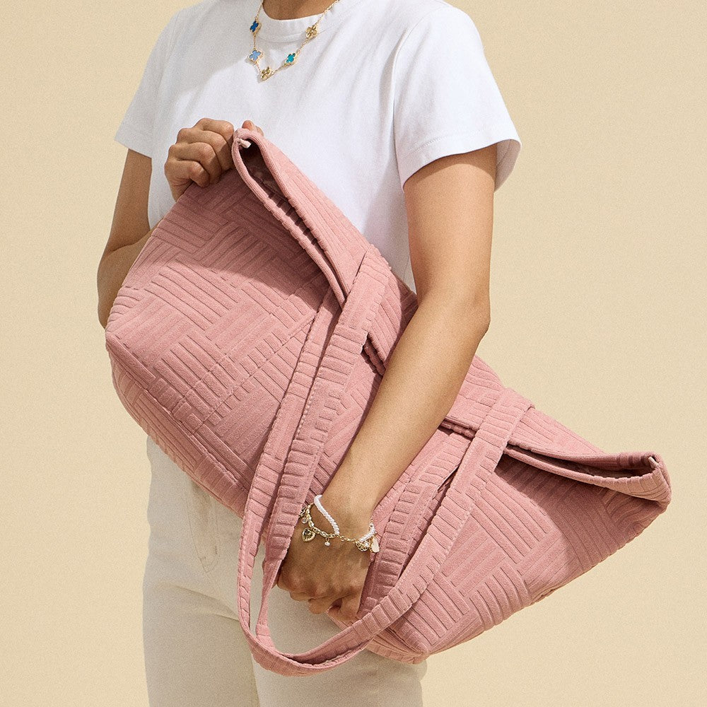 Pink Quilted Tote Bag Women's Large Shoulder Basket Weave Plush Texture