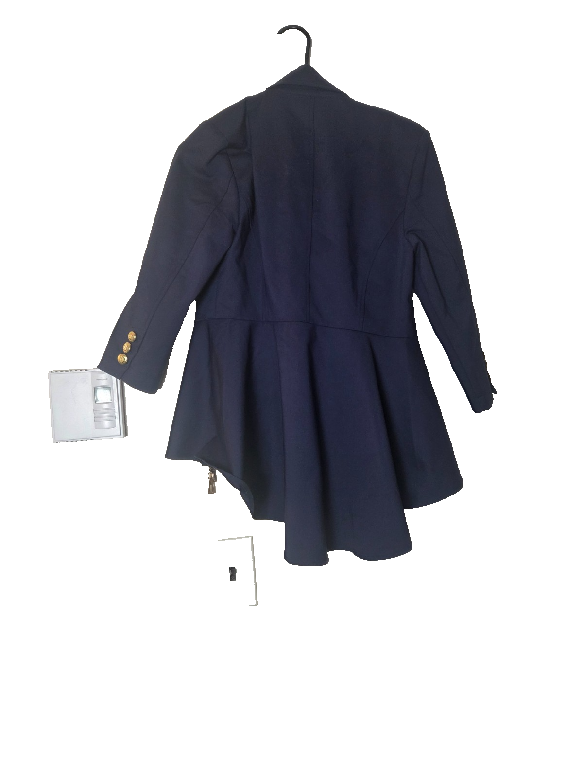 Navy Blue Asymmetrical Peplum Blazer Jacket Gold Zippers Buttons Women's Size 10