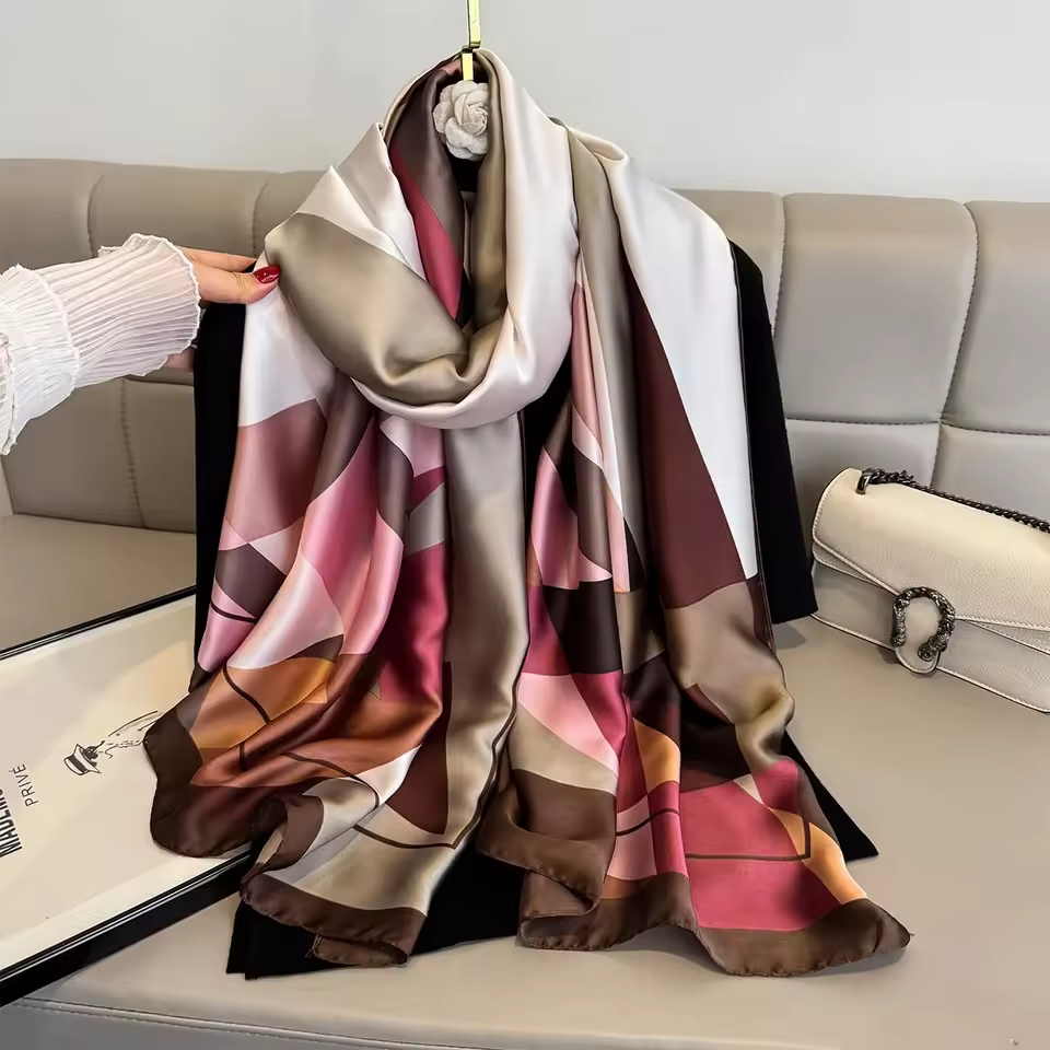 Silk Feel Large Scarf Geometric Print Brown Pink Shawl Wrap 71" x 35"