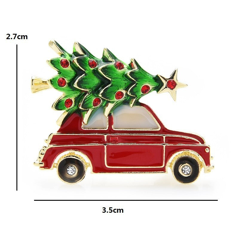 Vintage Style Red Truck Christmas Tree Brooch Rhinestone Holiday Enamel Pin