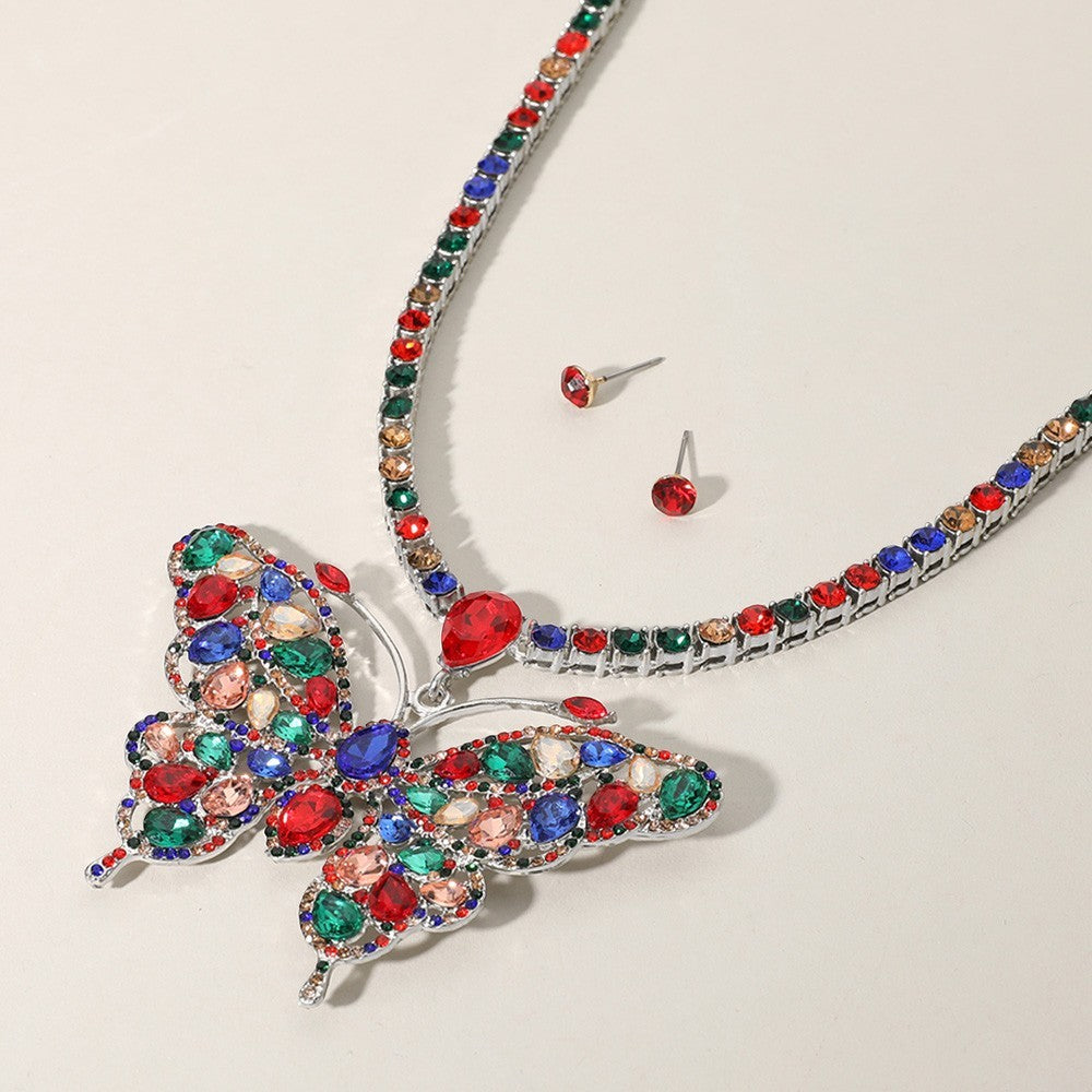 Rhinestone Butterfly Pendant Tennis Chain Necklace for Women Evening Jewelry