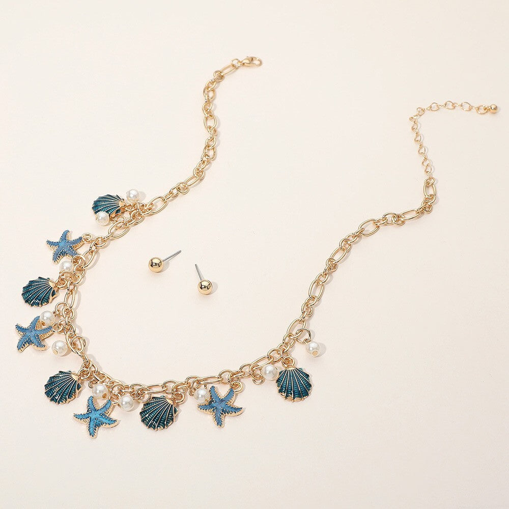 Enamel Starfish Seashell Pearl Charm Station Necklace Beach Jewelry