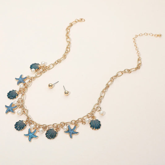 Enamel Starfish Seashell Pearl Charm Station Necklace Beach Jewelry