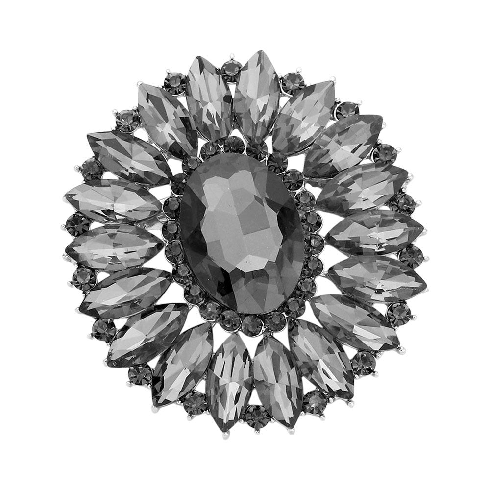2pc Crystal Rhinestone Brooch Pin Set Oval Marquise Flower Jewelry Silver Grey