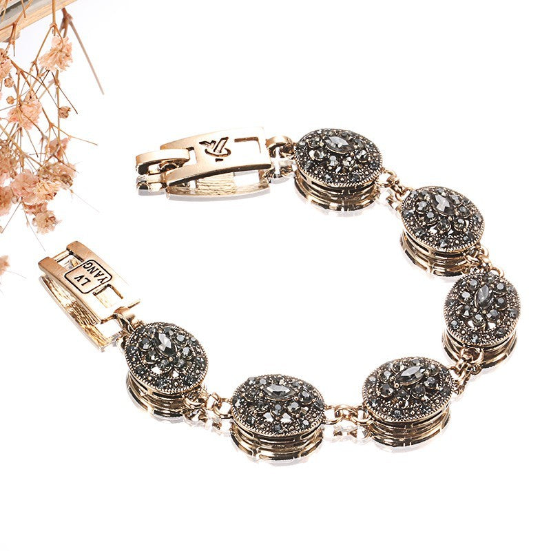 Antique Gold Crystal Flower Turkish Link Bracelet Bohemian Ethnic Jewelry