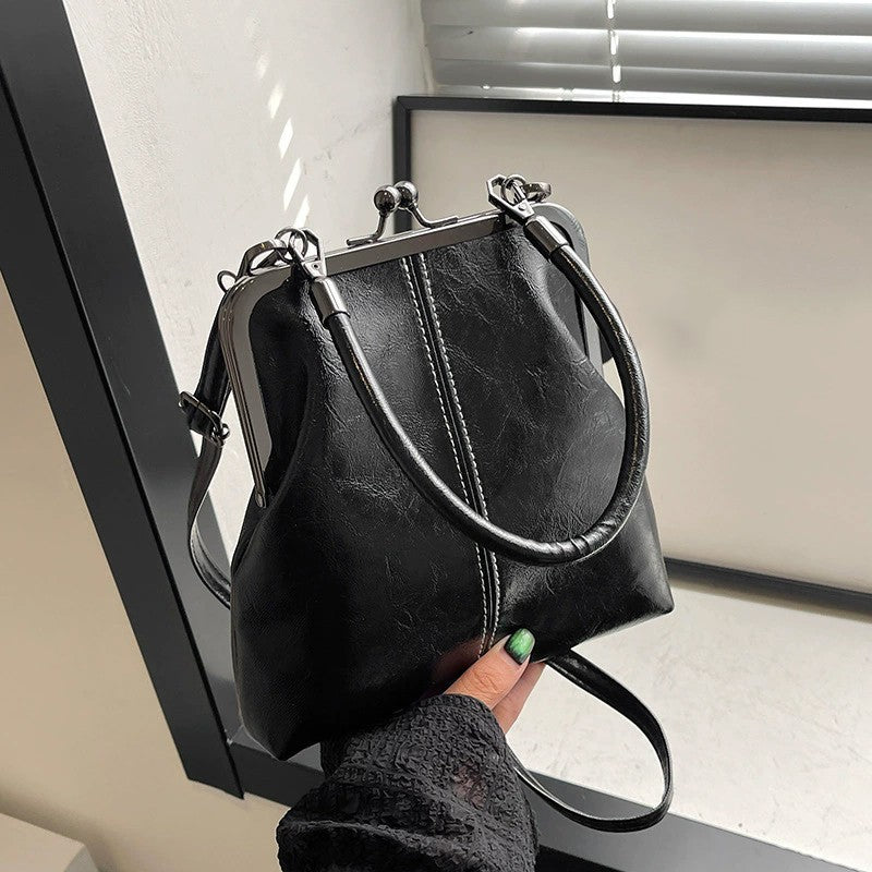 Vintage Black Kiss Lock Frame Bag Shoulder Crossbody Handbag Purse Retro Clutch