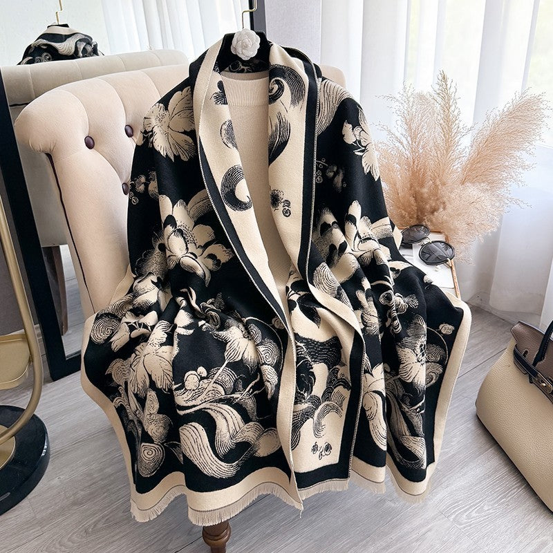 Reversible Black & Beige Floral Print Shawl Scarf Oversized Luxury Wrap for Lady