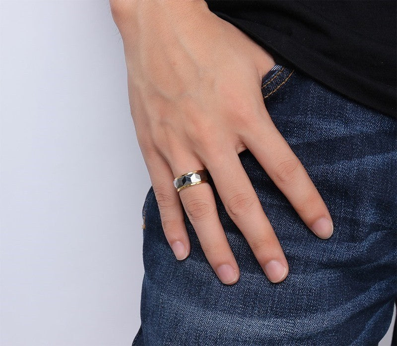Men's Tungsten Carbide Ring Two Tone Black Gold Faceted Beveled Band Size 9