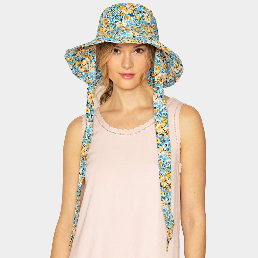 Multi Flower Patterned Bucket Sun Hat Womens One Size 100% Cotton with Chin Tie