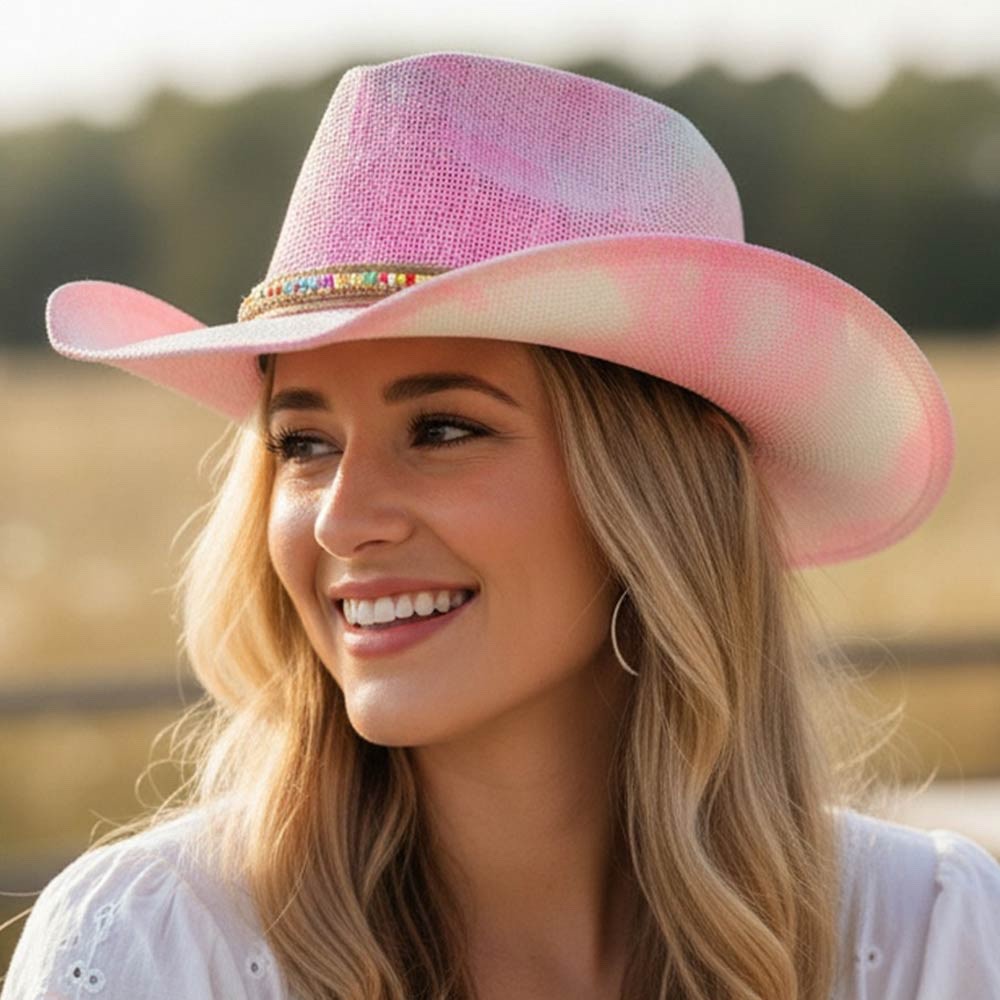 Pink and White Tie Dye Straw Cowboy Hat with Colorful Beaded Band and Zigzag Det