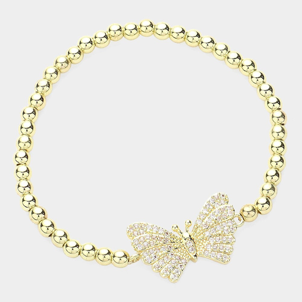 2-Piece Blingy Butterfly CZ Stone Beaded Stretch Bracelet Set – Gold & Silver