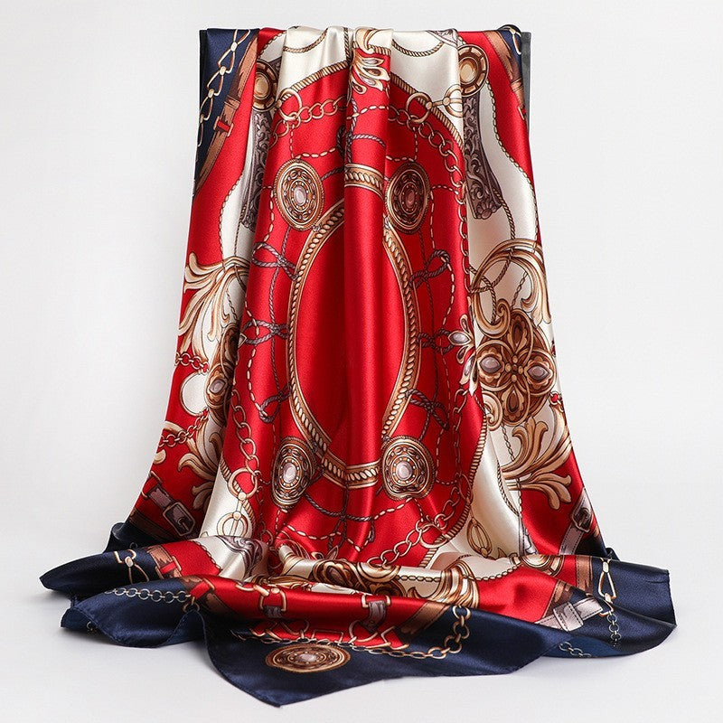 Luxury Satin Square Scarf Red Navy Chain Print Women's Head Scarf Neckerchief