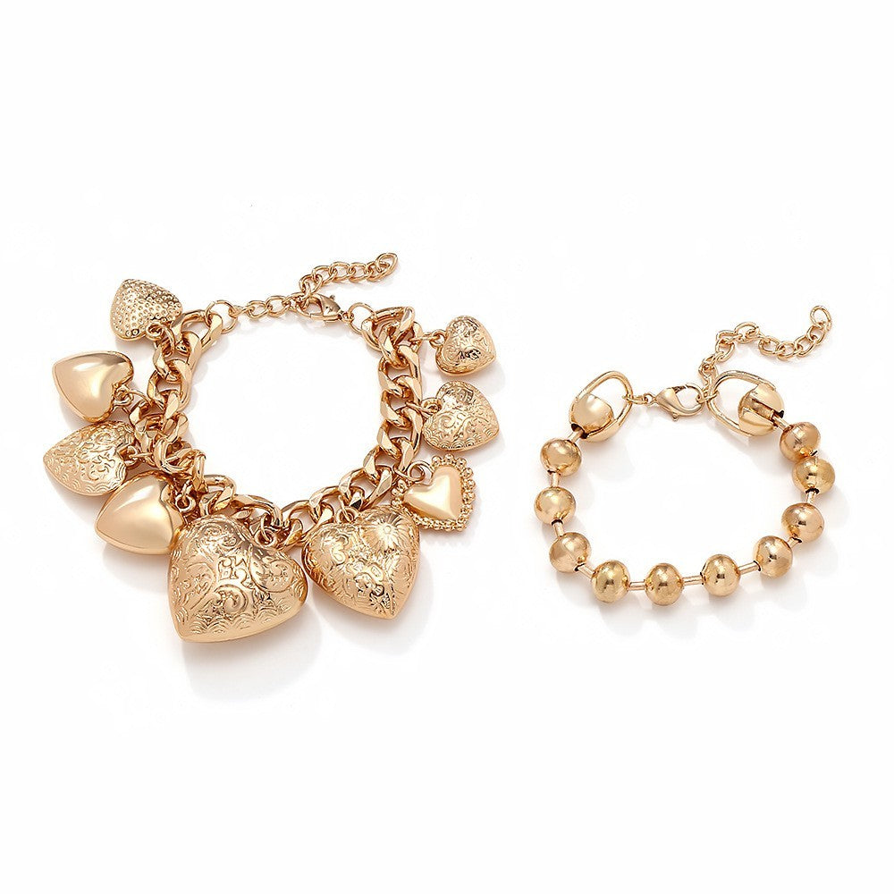 2pcs Gold Heart Charm Bracelet Set Chunky Chain Beaded Link Boho Jewelry