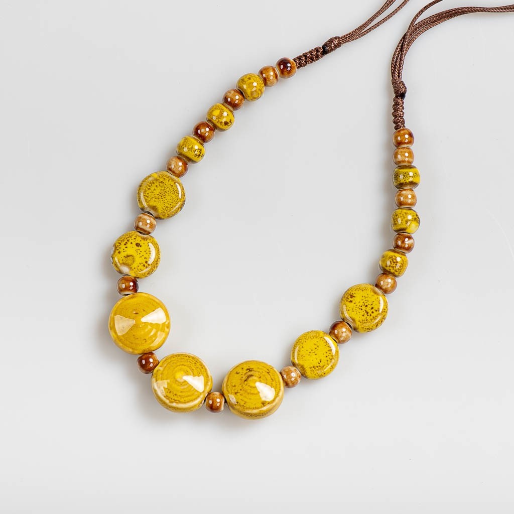Yellow Round Beaded Ceramic Necklace Handmade Retro Boho Jewelry for Women