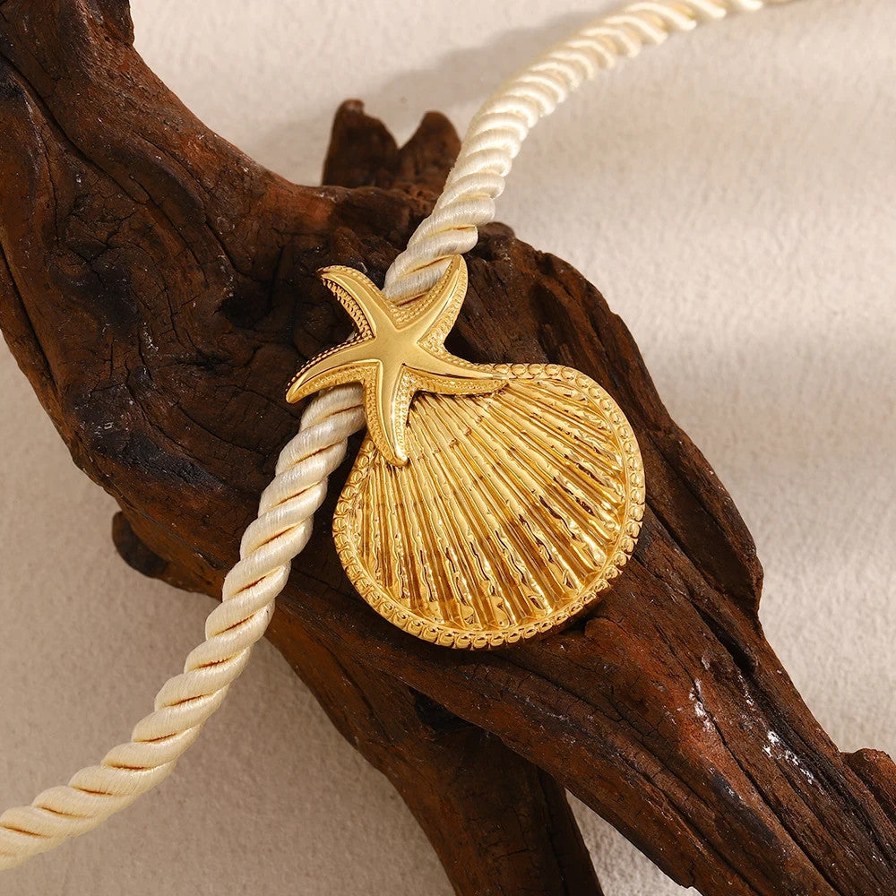 Thick Rope Starfish Pendant Necklace Stainless Steel Woven Beach Summer Jewelry