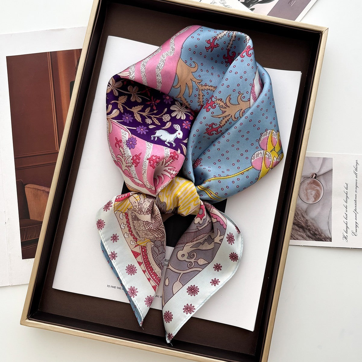 2pcs Floral Animal Print Square Scarf 27.5" Purple Blue Pink Satin Polyester