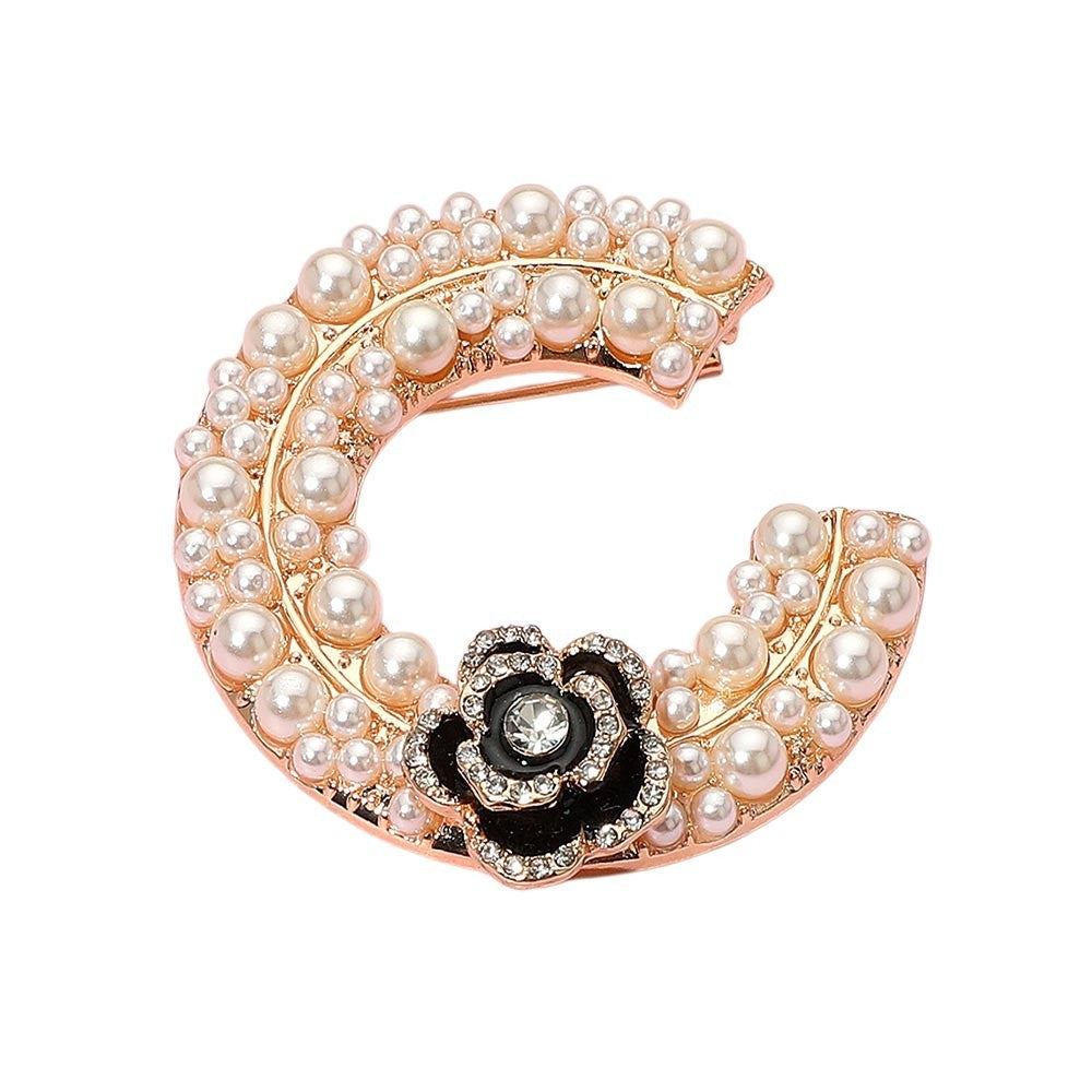 Rose Gold C Letter Brooch Pin Faux Pearl Crystal Flower Accent Vintage Style