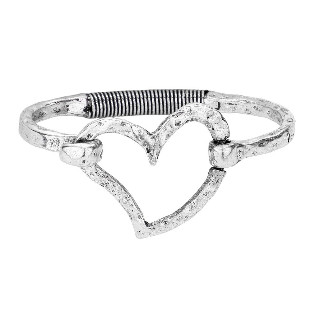 2PCS Hammered Metal Open Heart Hook Bangle Bracelet Set Gold Silver Tone