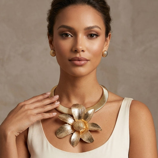 2pcs Gold Tone Statement Big Flower Collar Necklace & Textured Stud Earring Set