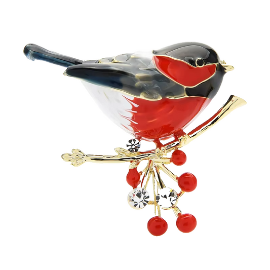 Vintage Style Bird Pins 2-in-1 Set Red Breast Winter Brooch Crystal Rhinestone