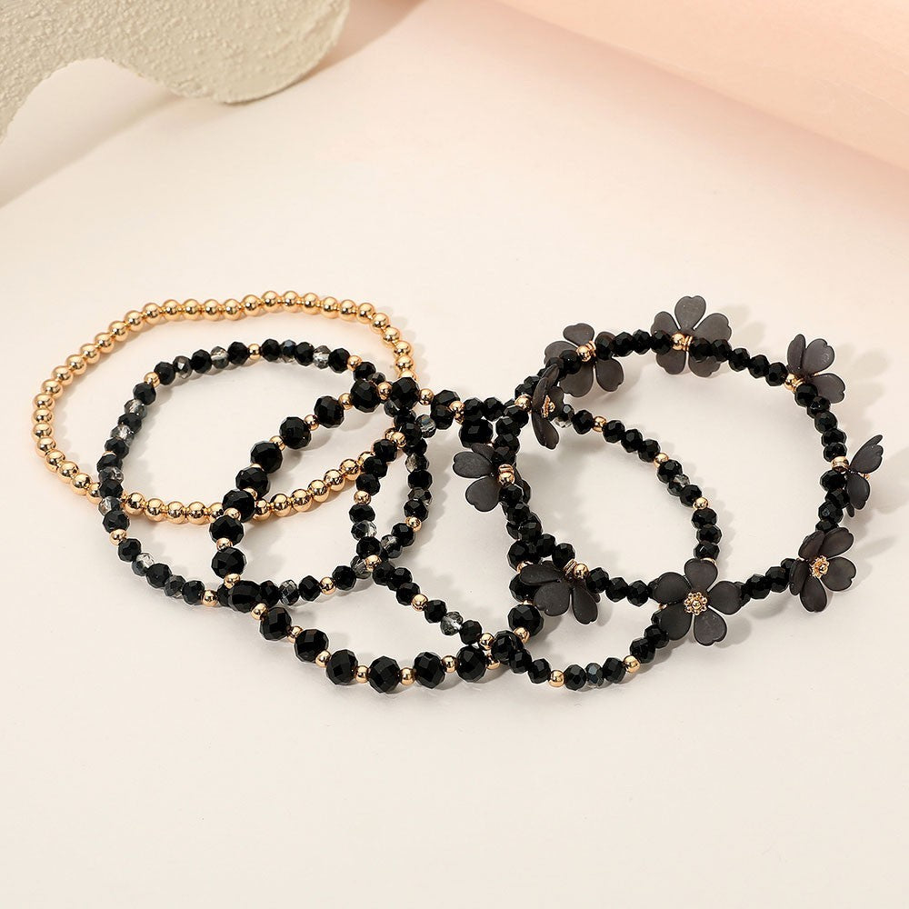Gold Tone Black Flower 5pc Stackable Beaded Stretch Bracelet Set Jewelry Gift