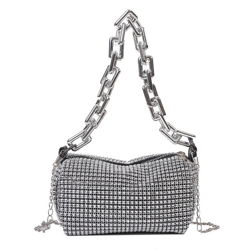 Silver Tone Rhinestone Evening Bag Crystal Clutch Thick Chain Shoulder Handbag
