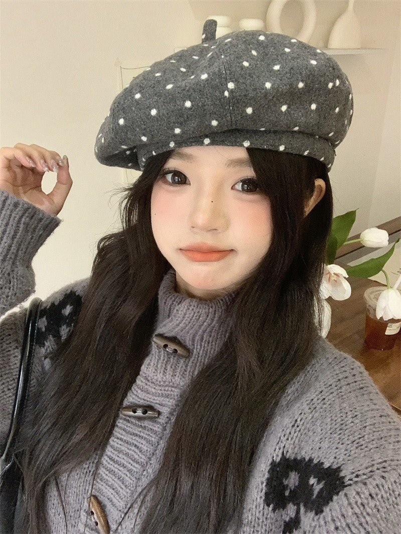 Grey Polka Dot Beret Hat Women's Slouch Cap  9.8 in Parisian Style