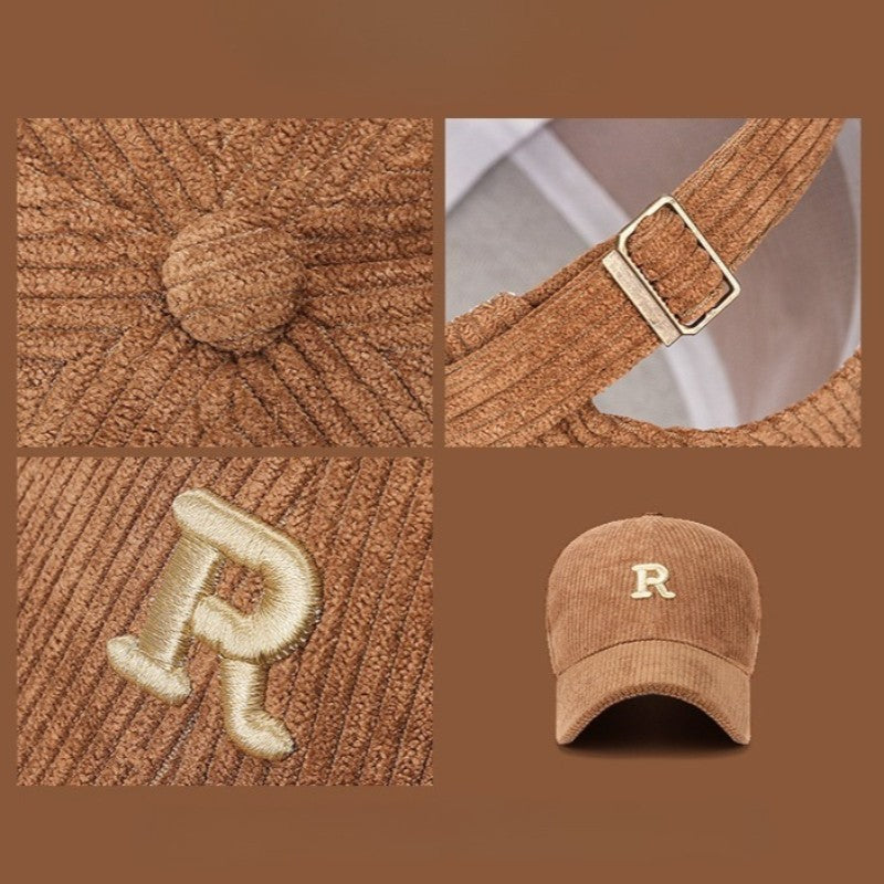 Brown Corduroy Baseball Cap Letter R Logo Adjustable Hat