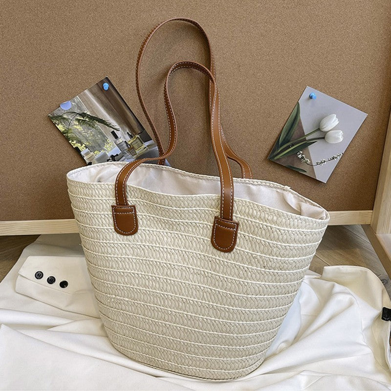 Women’s Large Capacity Paper  Woven Shoulder Bag Summer Basket Handbag Beige