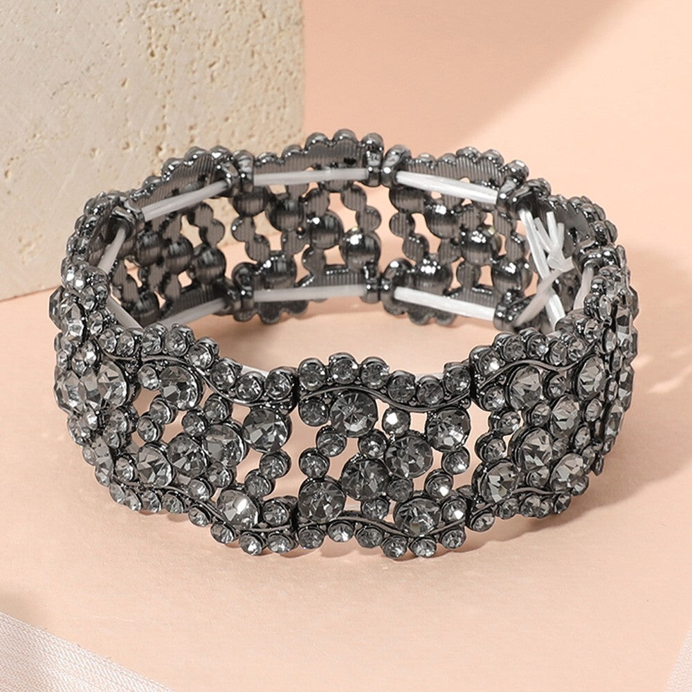 Gunmetal Crystal Stretch Bracelet Stone Paved Wavy Design for Evening Wear