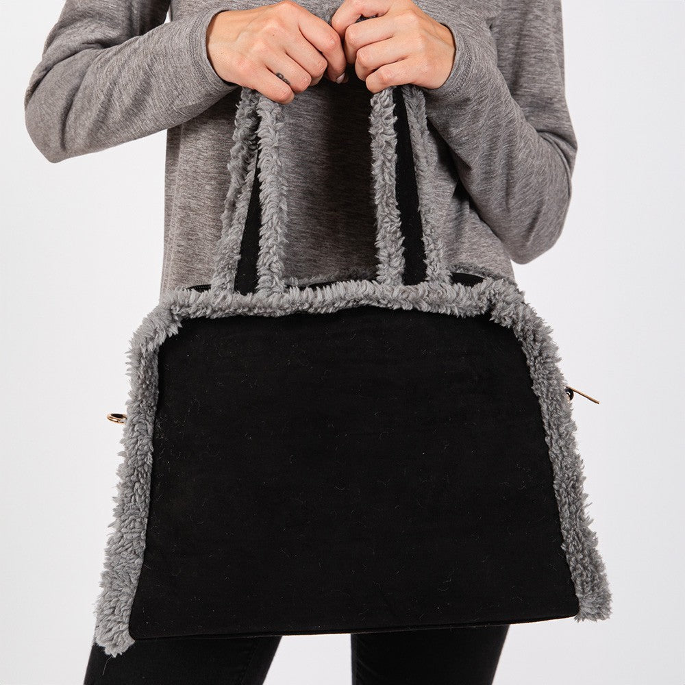 Fleece Trimmed Tote Crossbody Bag Women's Black Polyester with Adjustable Strap