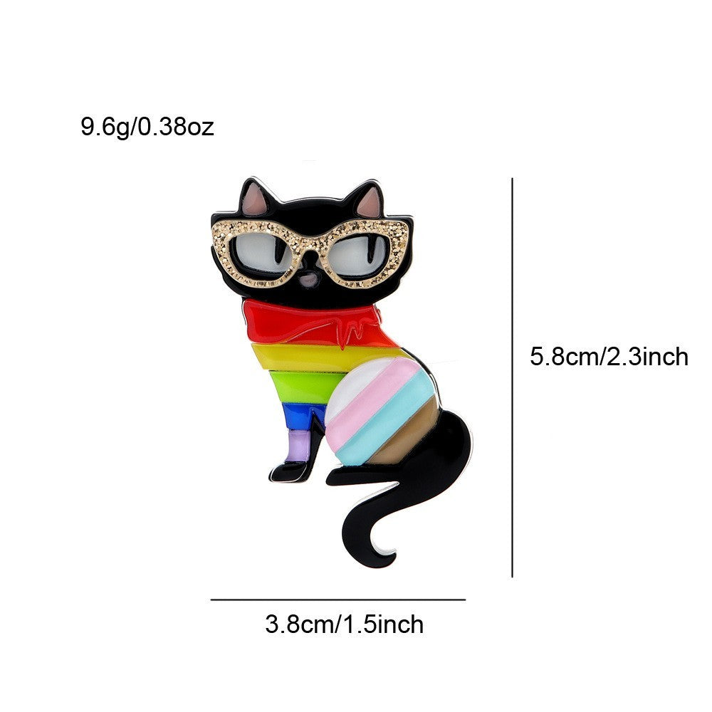 Colorful Acrylic Cat Brooch Pin Sparkle Glitter Glasses Fun Whimsical Badge