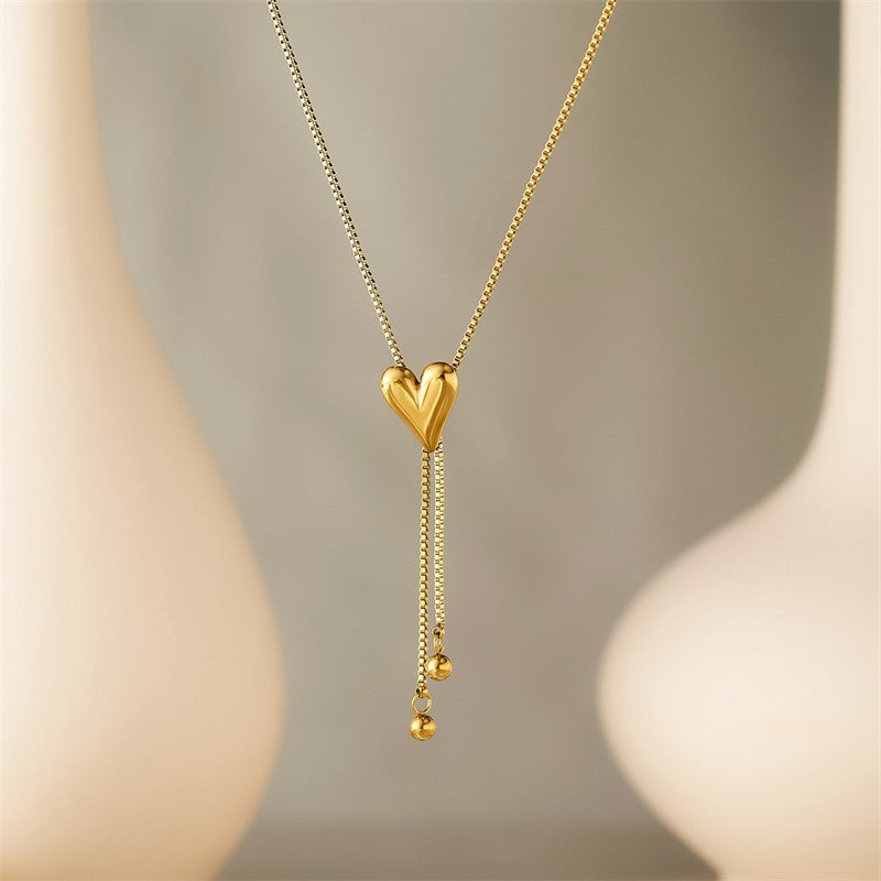 Stainless Steel Heart Lariat Y Necklace with Adjustable Slider Chain