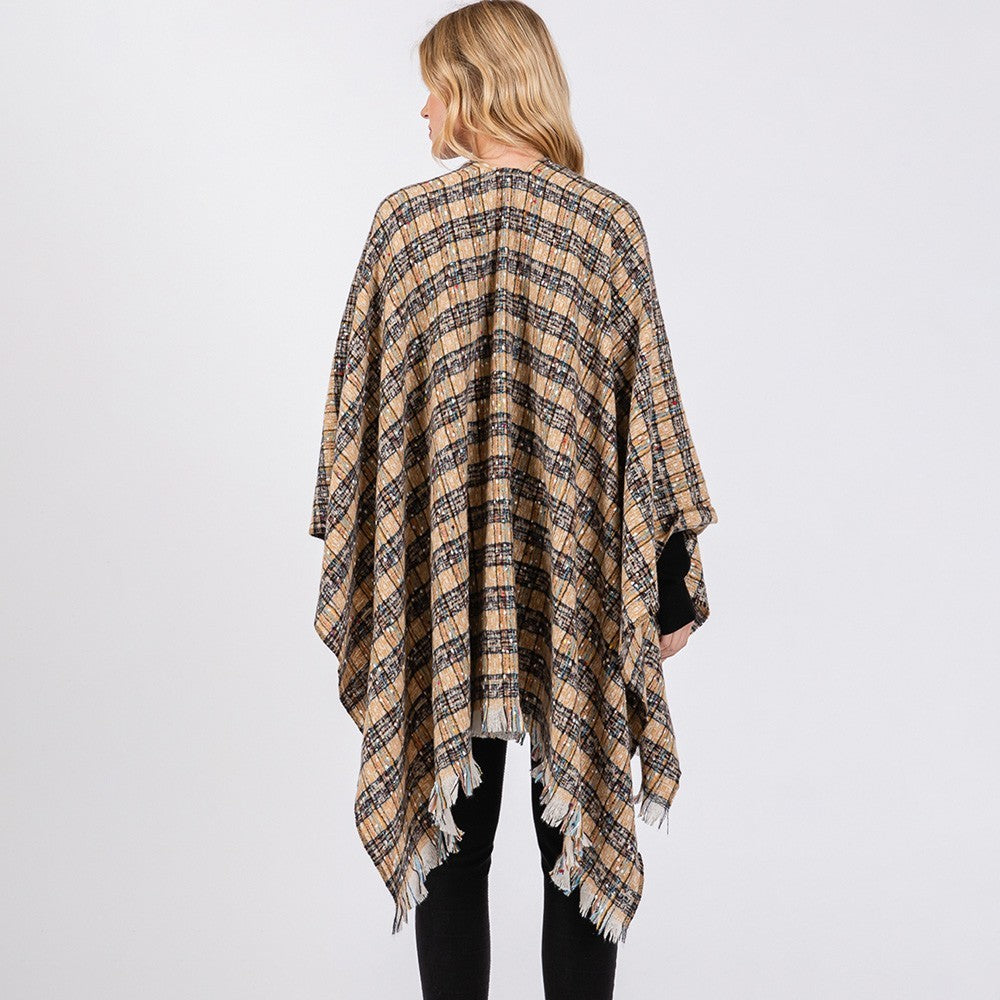 Multi Color Plaid Ruana Poncho Wrap Shawl Cape Open Front Women’s One Size